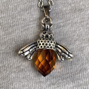 Glass Bee Pendant Necklace Silver Toned